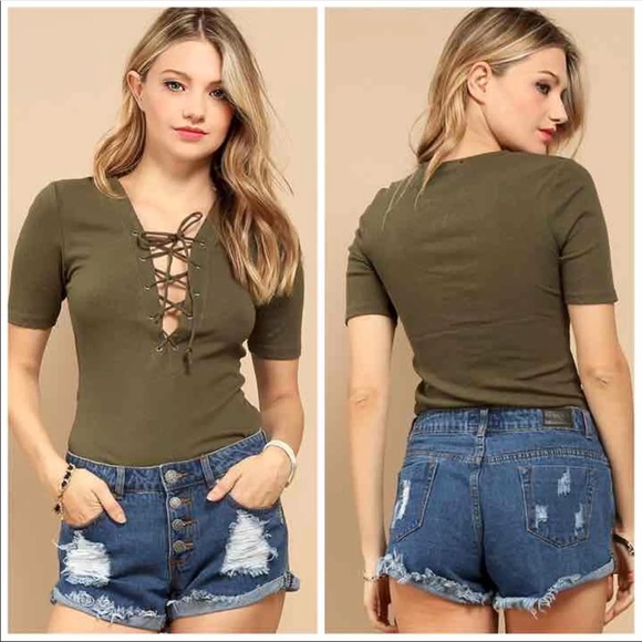 Tops - Ribbed Olive Green Lace Up Top